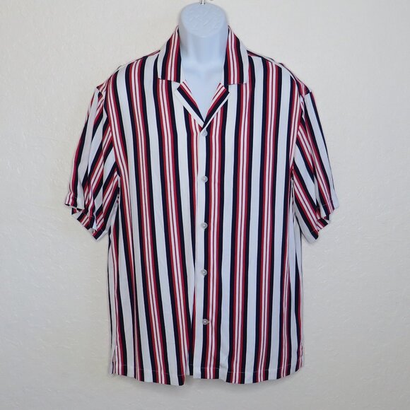 H&M* Men's Short Sleeve‎ Button Down Straight Hem Stripe Shirt~ Size Medium - Picture 1 of 11